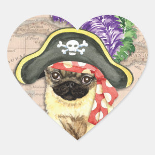 Mops Pirate Herz-Aufkleber