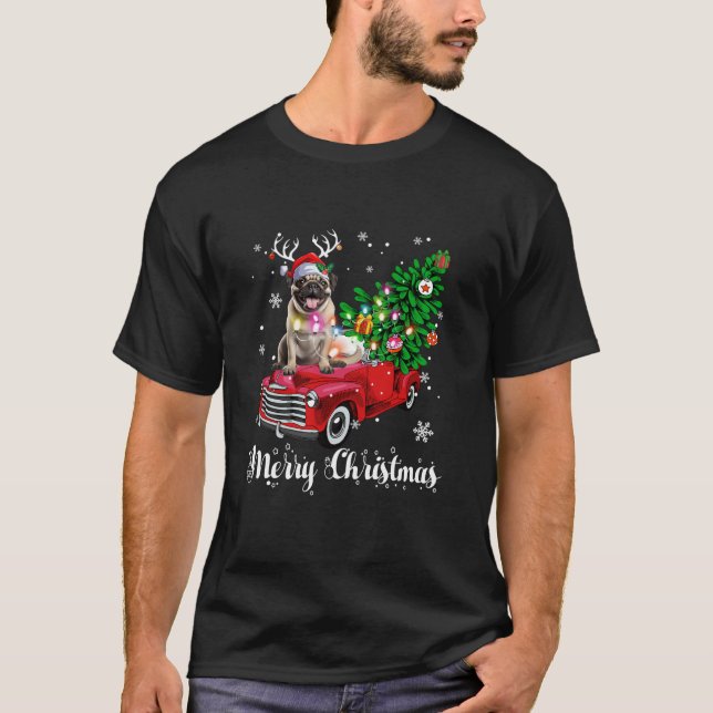 Mops Red Truck Weihnachten Weihnachtsmannmütze Wei T-Shirt (Vorderseite)