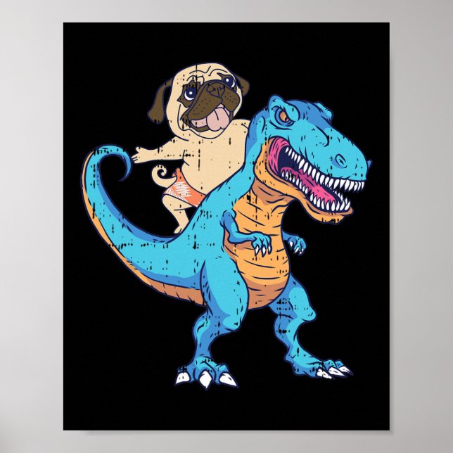 Mops reitet T-Rex surft Dinosaurier Lustiger Hunde Poster (Vorne)