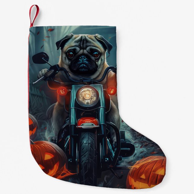 Mops Riding Motorrad Halloween Beängstigend Kleiner Weihnachtsstrumpf (Vorderseite)