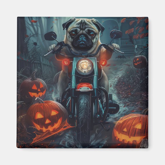 Mops Riding Motorrad Halloween Beängstigend Magnet (Vorne)