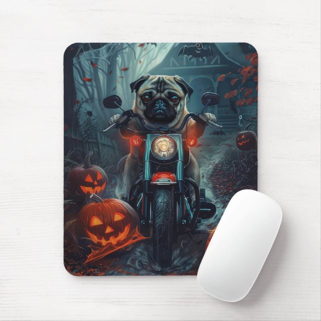 Mops Riding Motorrad Halloween Beängstigend Mousepad (Mit Mouse)