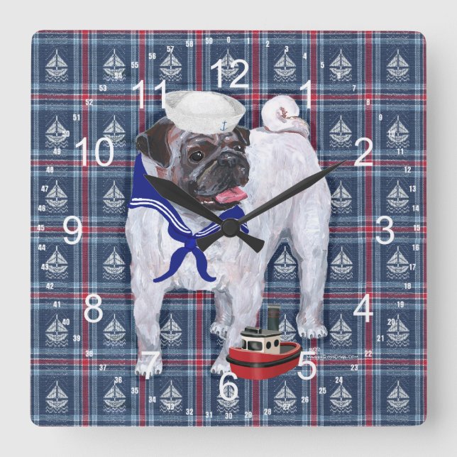 Mops Sailor Quadratische Wanduhr (Vorderseite)
