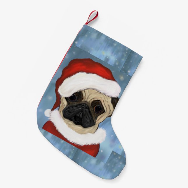 Mops Santa Kleiner Weihnachtsstrumpf (Vorderansicht (hängend))