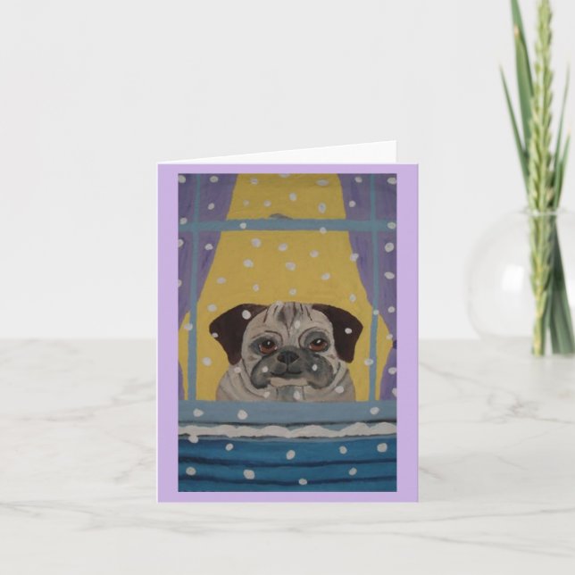 Mops schaut dem Schneefall zu Einladung (Vorderseite)