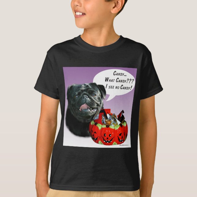 Mops (schwarz) Halloween Candy T-Shirt (Vorderseite)