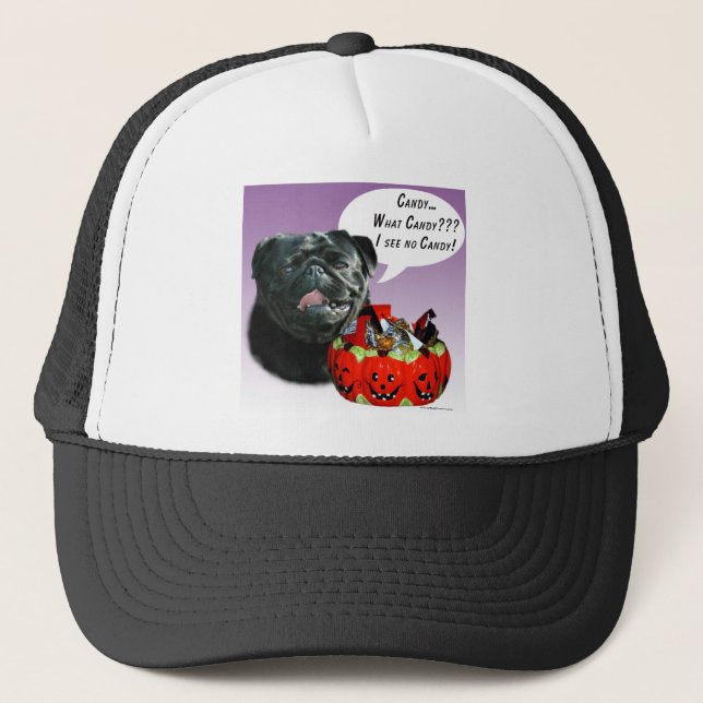 Mops (schwarz) Halloween Candy Truckerkappe (Vorderseite)