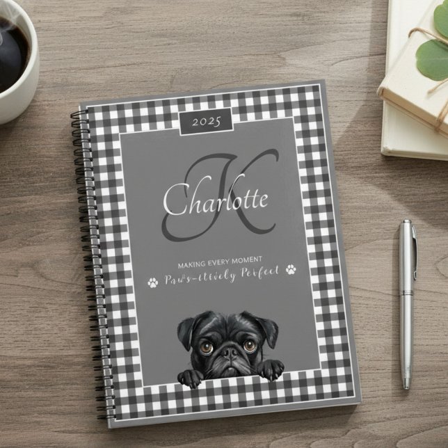 Mops Schwarz-weiß Gingham Individuelle Name Monogr Planer (Von Creator hochgeladen)