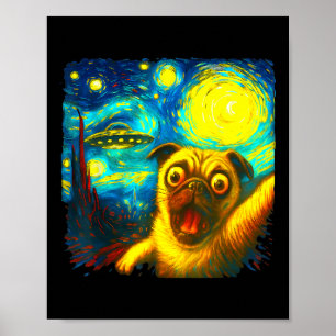 Mops-Selfie mit Alien-Ufo lustige sternenklare Nac Poster