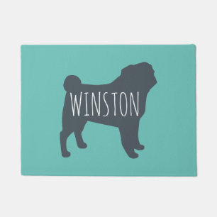 Mops Silhouette   Grau und Aquamarin Personalisier Fußmatte