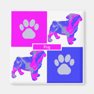 Mops Silhouette Hund & Paw Pink und Blue Square Magnet