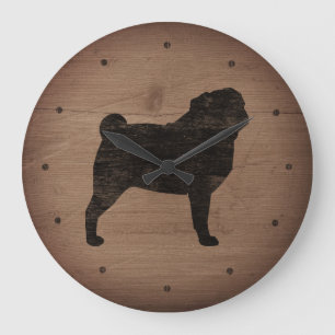Mops Silhouette Rustikaler Stil Große Wanduhr