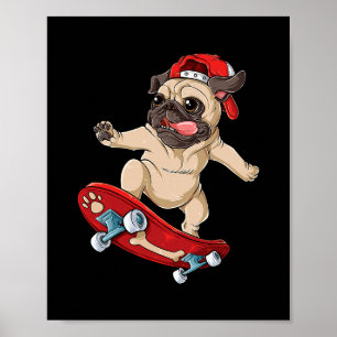 Mops Skateboard T-Shirt Hund Welpe Lustiger Skater Poster