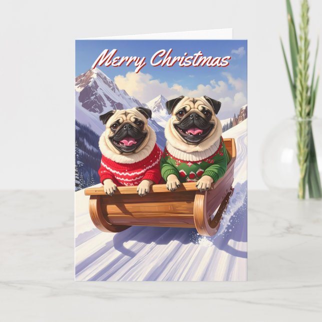 Mops Sled Ride Weihnachten Karte (Vorderseite)