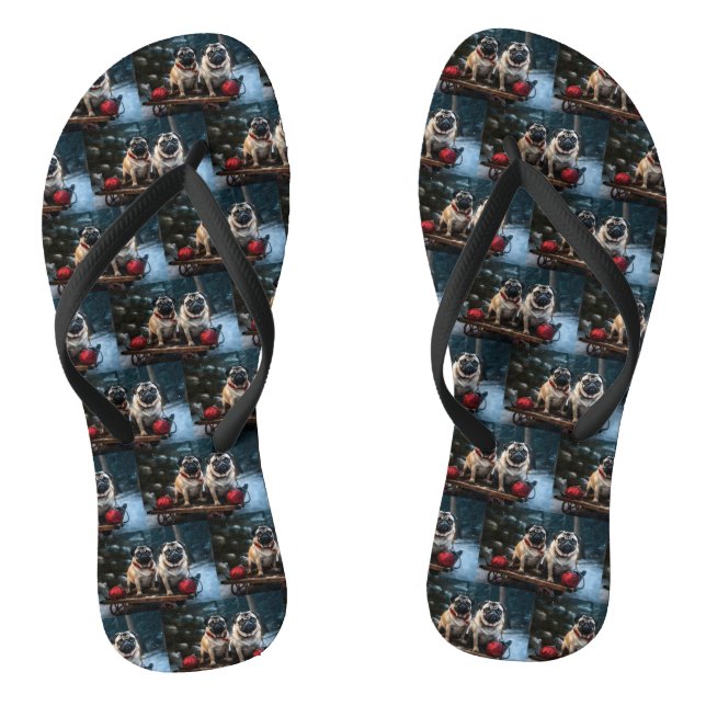 Mops Snowy Sleigh Weihnachtsdekor Flip Flops (Fußbett)