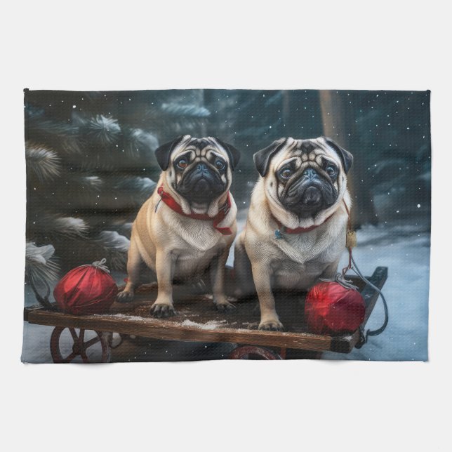 Mops Snowy Sleigh Weihnachtsdekor Geschirrtuch (Horizontal)