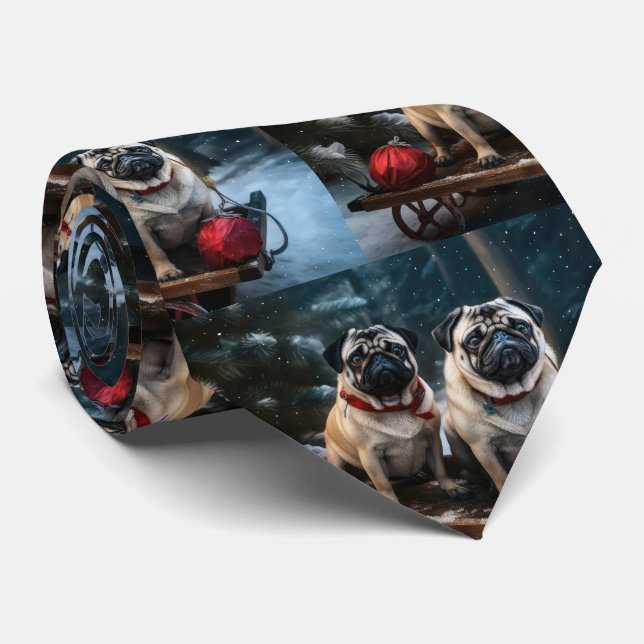 Mops Snowy Sleigh Weihnachtsdekor Krawatte (Gerollt)
