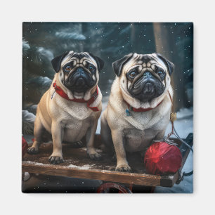 Mops Snowy Sleigh Weihnachtsdekor Magnet