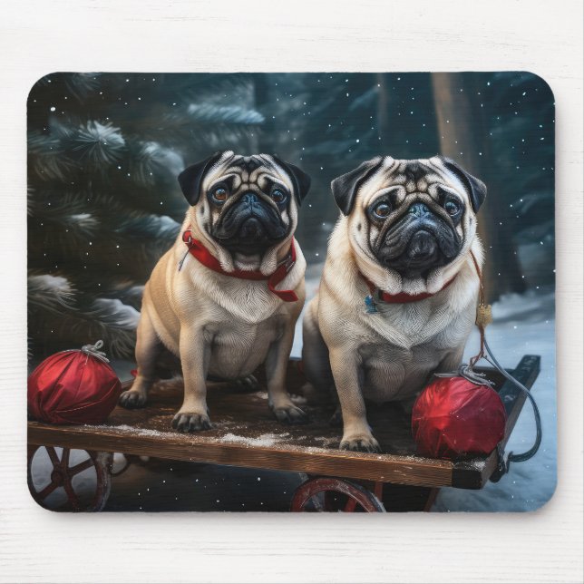 Mops Snowy Sleigh Weihnachtsdekor Mousepad (Vorne)