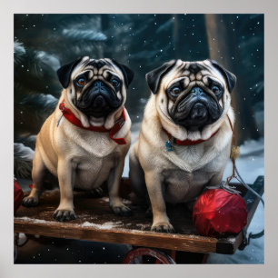 Mops Snowy Sleigh Weihnachtsdekor Poster