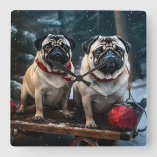 Mops Snowy Sleigh Weihnachtsdekor Quadratische Wanduhr
