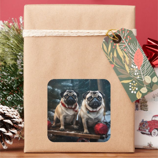 Mops Snowy Sleigh Weihnachtsdekor Quadratischer Aufkleber (Feiertag)