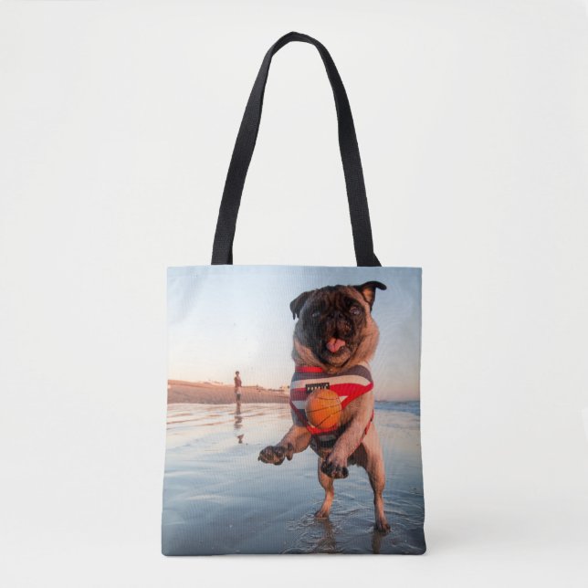 Mops spielen am Strand (Vorderseite)