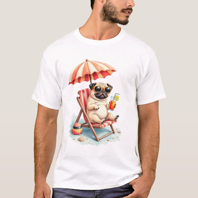 Mops Strand-Modus Sommer-Design T-Shirt (Vorderseite)