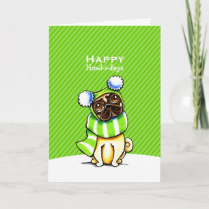 Mops Strickskarf Weihnachtsgrün Feiertagskarte