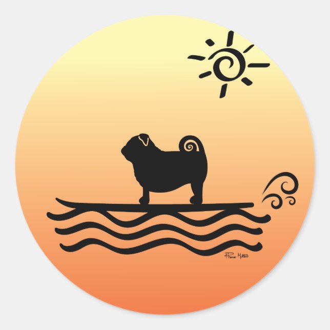 Mops Surf Klassischer Rundaufkleber Runder Aufkleber (Vorderseite)