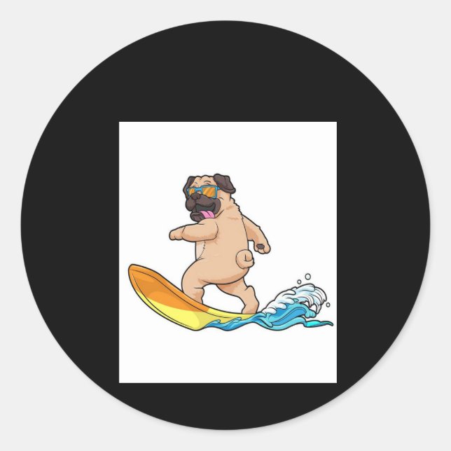 Mops Surfbrett Mops mit Brille tragen Runder Aufkleber (Vorderseite)