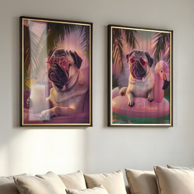 Mops Tropical Summer Vibes Pet Portrait Bilderwand Sets (Von Creator hochgeladen)