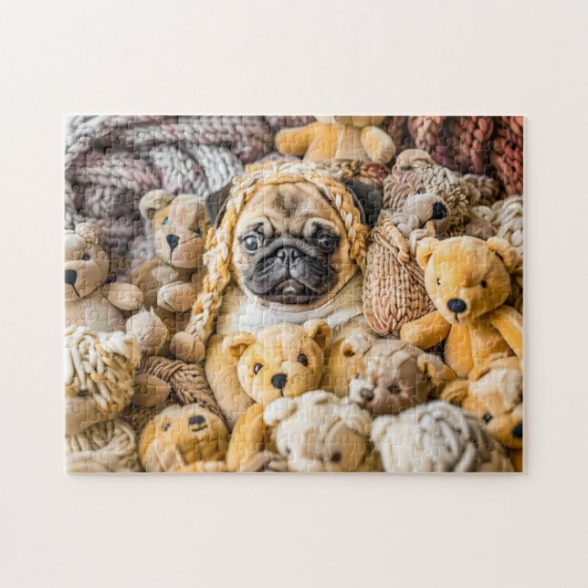 Mops umgeben von satten Teddybären Puzzle (Horizontal)