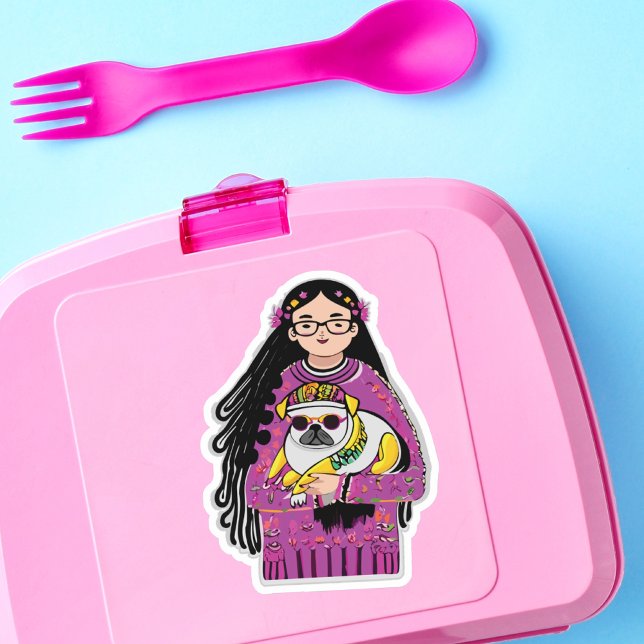 Mops und ein Mädchen mit langem Haar Aufkleber (Von Creator hochgeladen)