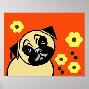 Mops und gelbe Blume auf orangefarbenem Hintergrun Poster
