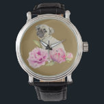 Mops und Peonies | Aquarellbilder Armbanduhr<br><div class="desc">Das ist ein Aquarellbild eines Welpen-Mops,  der mitten in den Blume der Pony sitzt. Die Blume beginnen als Knospen auf der rechten Seite und blühen langsam in vollem Umfang,  wie es zu den links geht.</div>