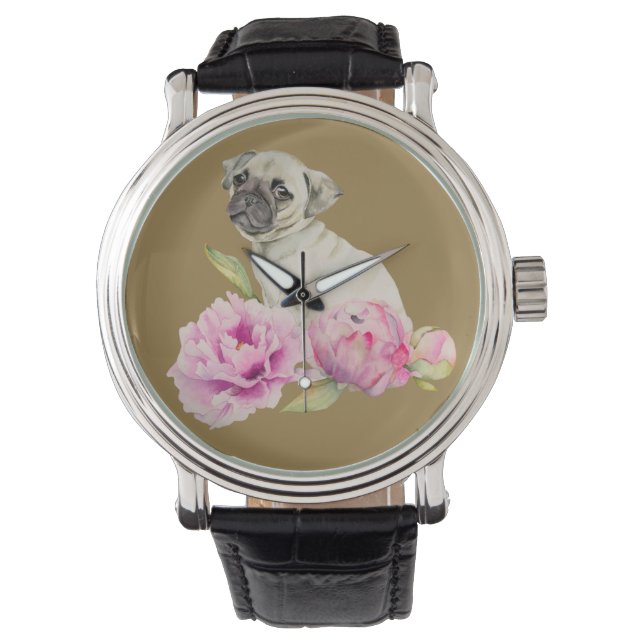 Mops und Peonies | Aquarellbilder Armbanduhr (Vorderseite)