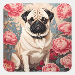 Mops und Peony Blume William Morris Inspiriert Quadratischer Aufkleber