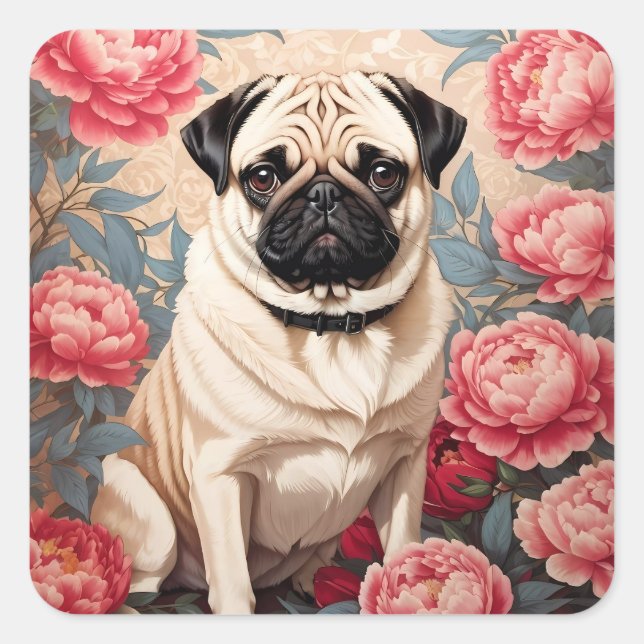 Mops und Peony Blume William Morris Inspiriert Quadratischer Aufkleber (Vorderseite)