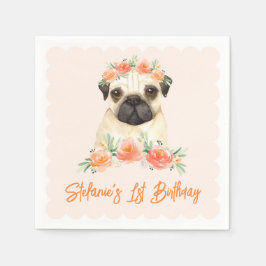 Mops und Pfirsichfarben Blume zum ersten Geburtsta Serviette