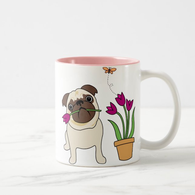 Mops und Schmetterling-Tasse - Text optional Zweifarbige Tasse (Rechts)
