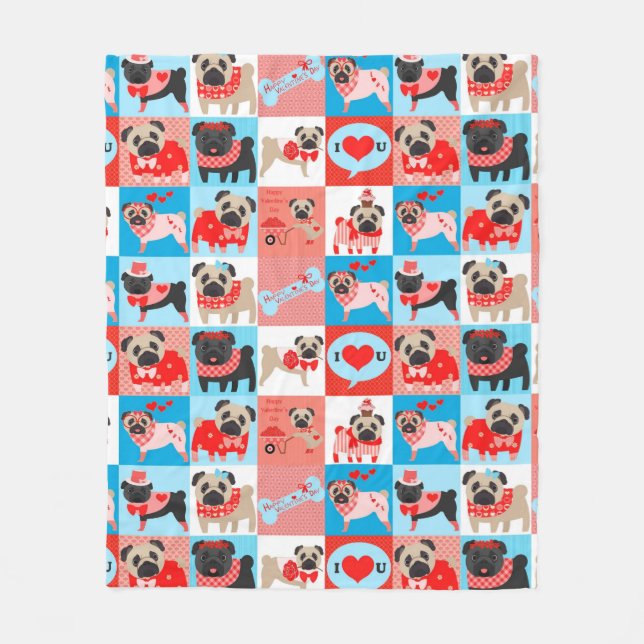 Mops Valentine Quilt Fleecedecke (Vorderseite)