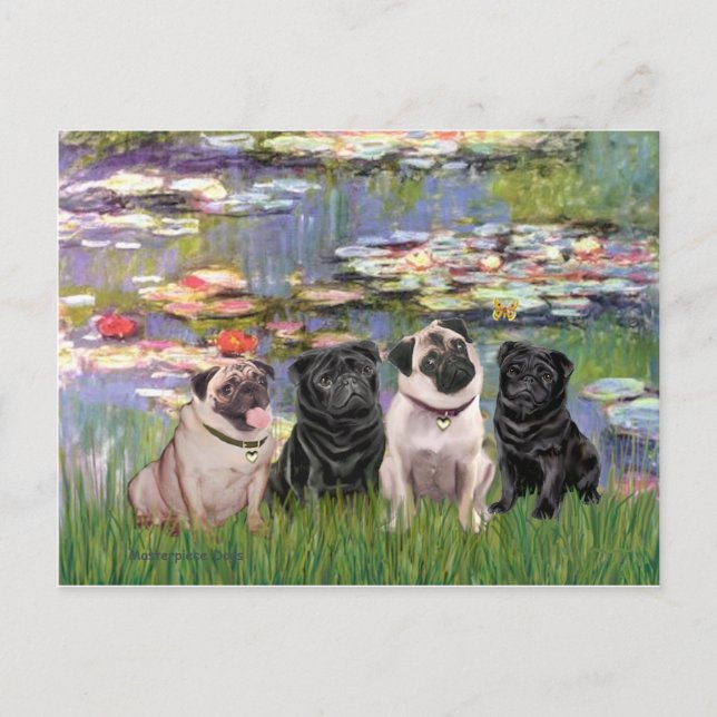 Mops (vier) - Lilien2 Postkarte (Vorderseite)