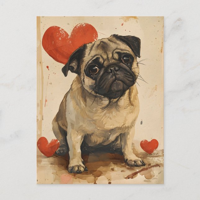 Mops Vintag Valentinstag Postkarte (Vorderseite)