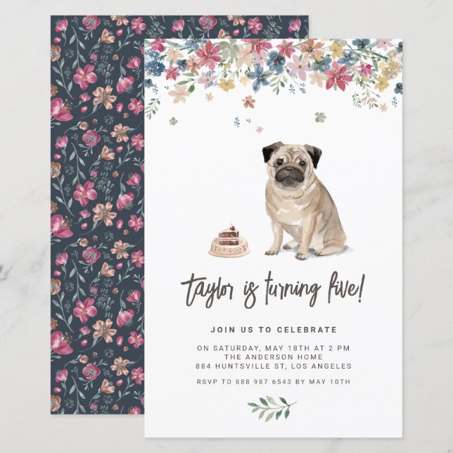 Mops von Aquarell Geburtstagsparty Einladung (Vorne/Hinten)