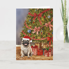 Mops Wasserfarbe Unter dem Weihnachtsbaum Karte