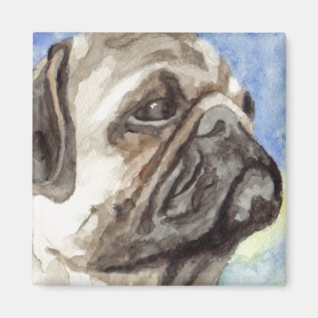Mops Wasserfarbenportrait Magnet (Vorne)