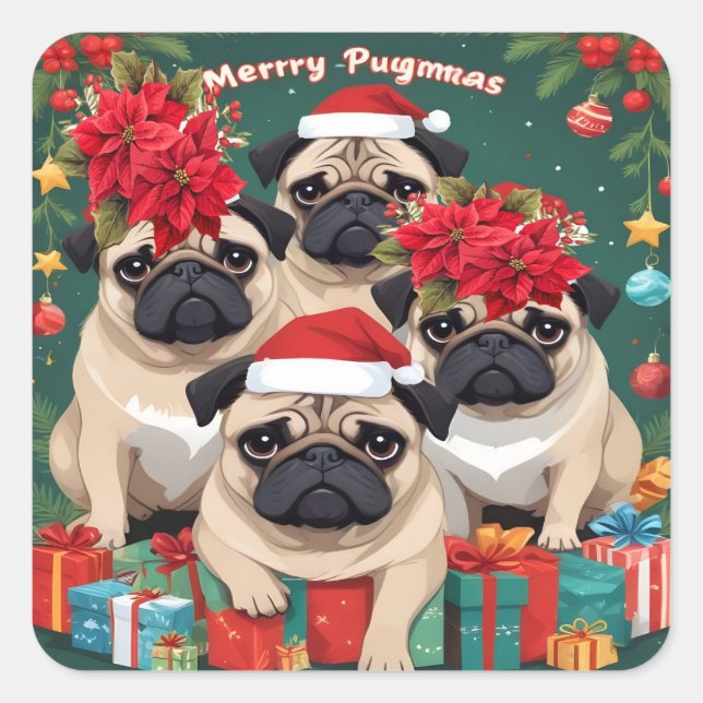 Mops Weihnachten Quadratischer Aufkleber (Vorderseite)