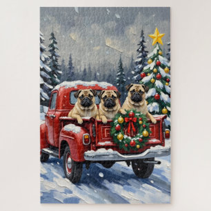 Mops-Weihnachten-Roter-Lieferwagen-Urlaub Puzzle