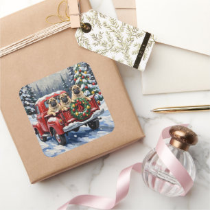 Mops-Weihnachten-Roter-Lieferwagen-Urlaub Quadratischer Aufkleber